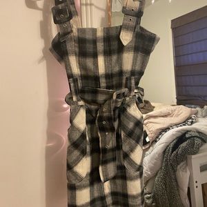 Checked Buckle Detail Pinafore Dress